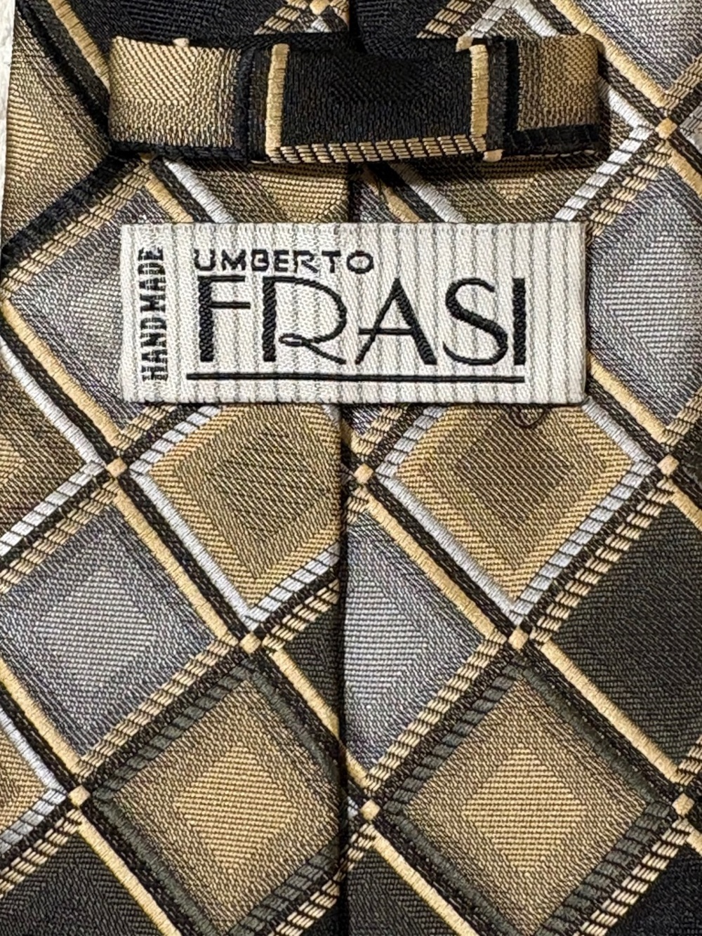 Umberto Frasi Vintage Geometric Diamond Necktie 4” Wide Black Gold Hand Made